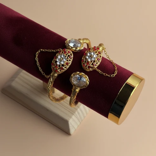 CH-76 - White & Red Diamonds Gold - Bangle Set Of 2
