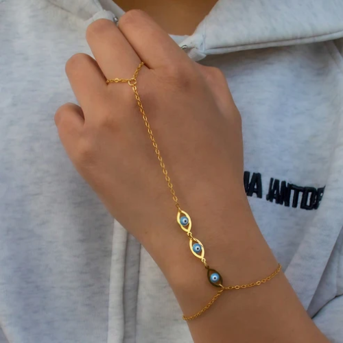 SS-12184 - Three Evil Eye Gold - Hand Chain