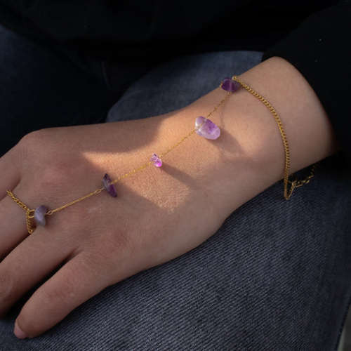 SS-12186- Natural Purple Stone Gold - Hand Chain