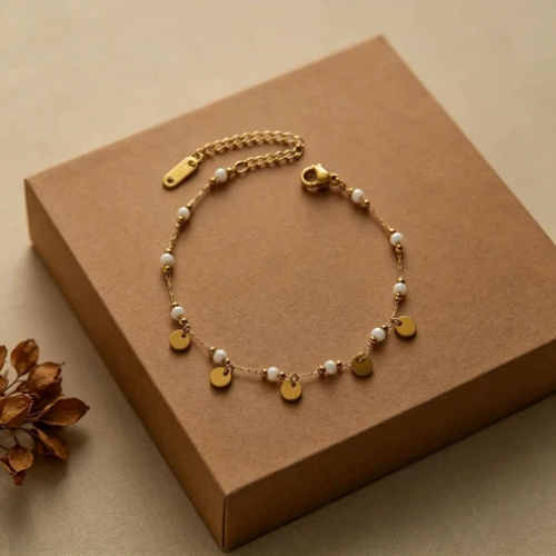 SS-12523 - White Beads & Gold Chain - Bracelet