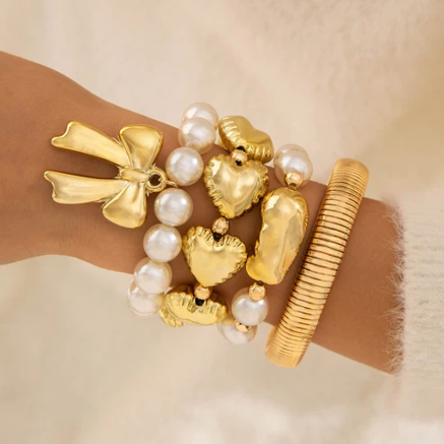 UNI-10163-4 - Premium Gold Foiled Bow Heart & Pearly Bangle - Bracelet Set Of 4