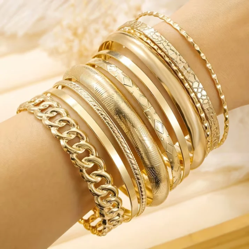 UNI-10636-7 - Classy Gold Bangle - Bracelet Set Of 10