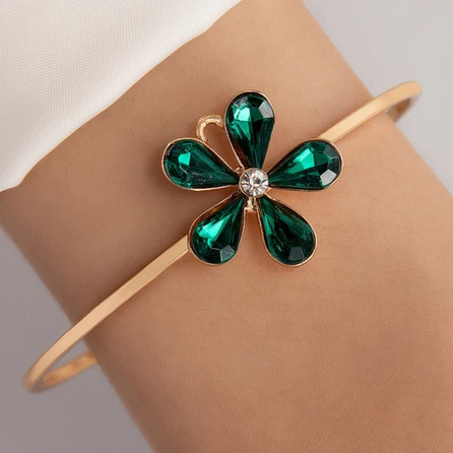 UNI-11079 - Flower Green Diamond Gold Bangle - Bracelet