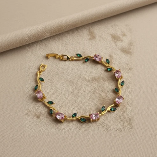 UNI-12204 - Viral Tulip Pink & Green Diamonds Gold - Bracelet