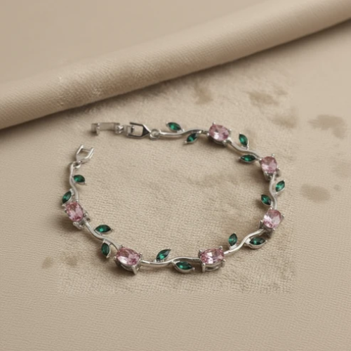 UNI-12205 - Viral Tulip Pink & Green Diamonds Silver - Bracelet