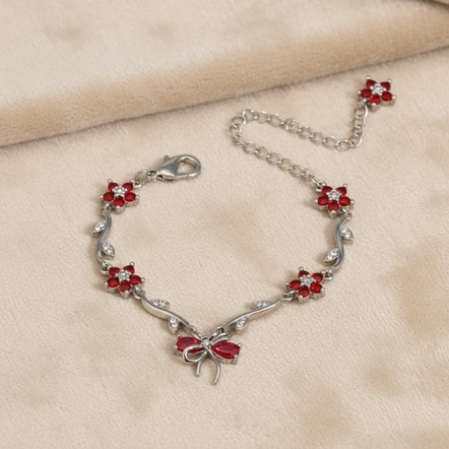 UNI-12215 - Red Diamond Bow & Flowers Silver - Bracelet