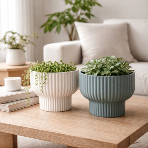 Modern Ribbed Ceramic Planter Pot with Stand Base
