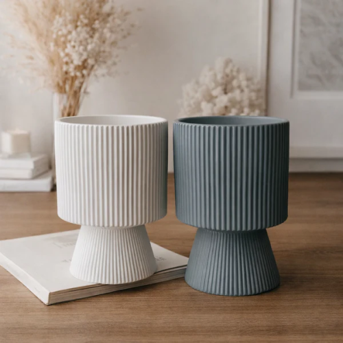Tall Ribbed Ceramic Planter Pot with Pedestal Base