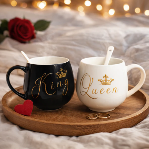 King & Queen Couple Mug Set with Spoons and Gift Box