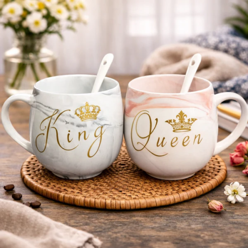 King & Queen Marble-Style Couple Mug Set