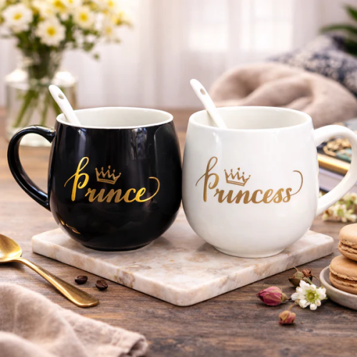 Prince & Princess Couple Mug Set with Spoons and Gift Box