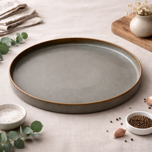 Matte Grey Round Hosting Platter with Bronze Rim (13.5 inch)