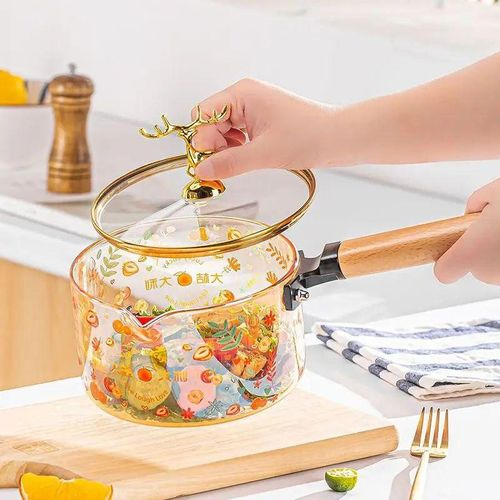 Transparent Print Glass Saucepan with Wooden Handle and Lid (1.8L)