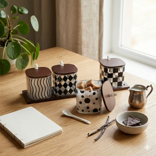 Black & White Pattern Seasoning Jars with Ceramic Spoons (4pcs)