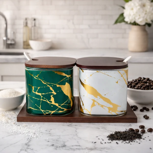 Glass Spice Container Set with Wooden Tray (2pc)