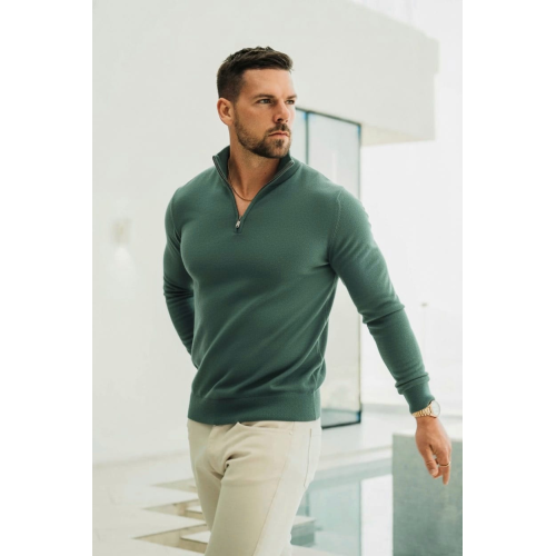 Quarter Zip Rib Knit Sweater - Sea Green