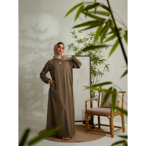 Relaxed Zip Maxi Abaya - Olive Green